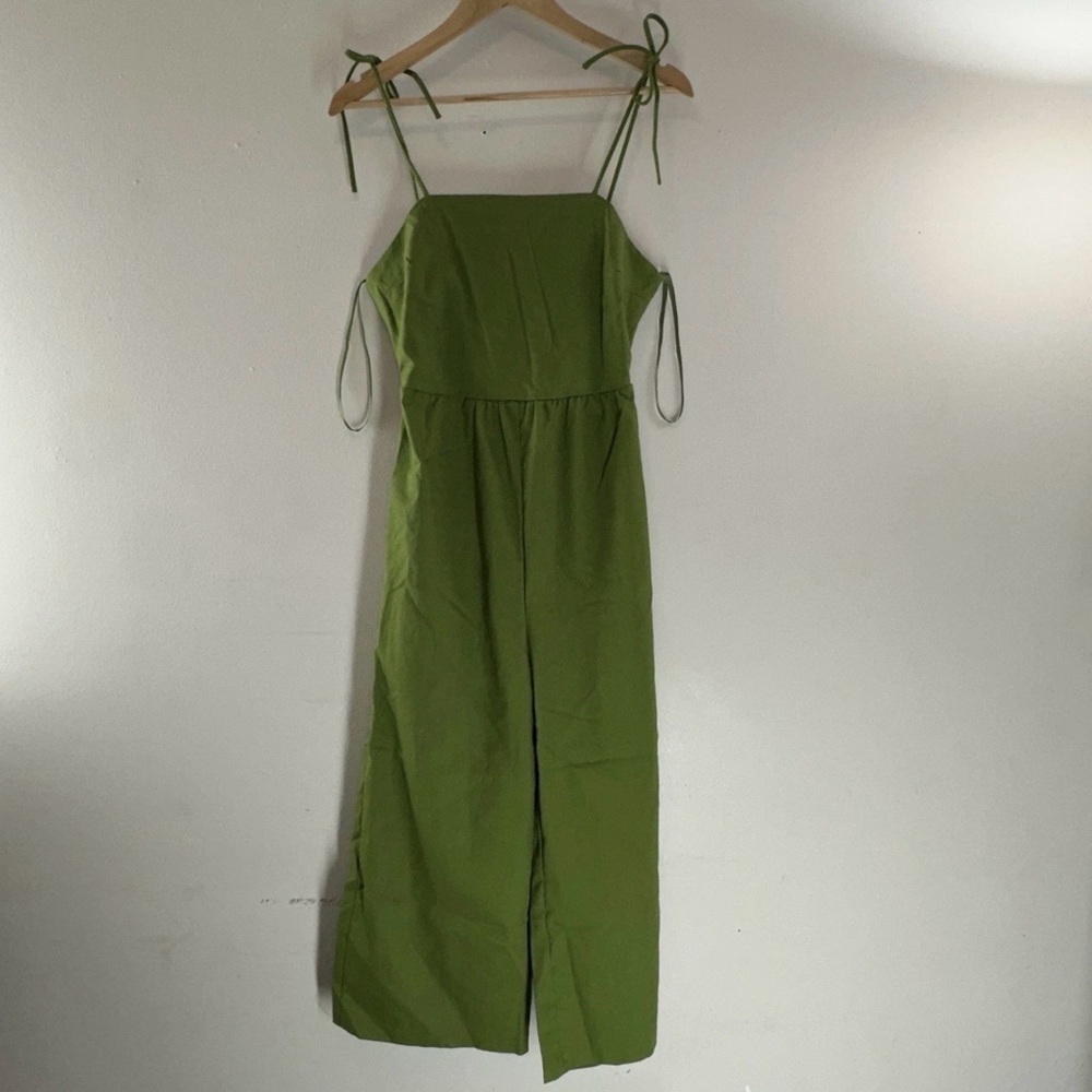 Women‎ Monteau Los Angeles Olive Green Linen Blend Wide Leg Jumpsuit Size Medium